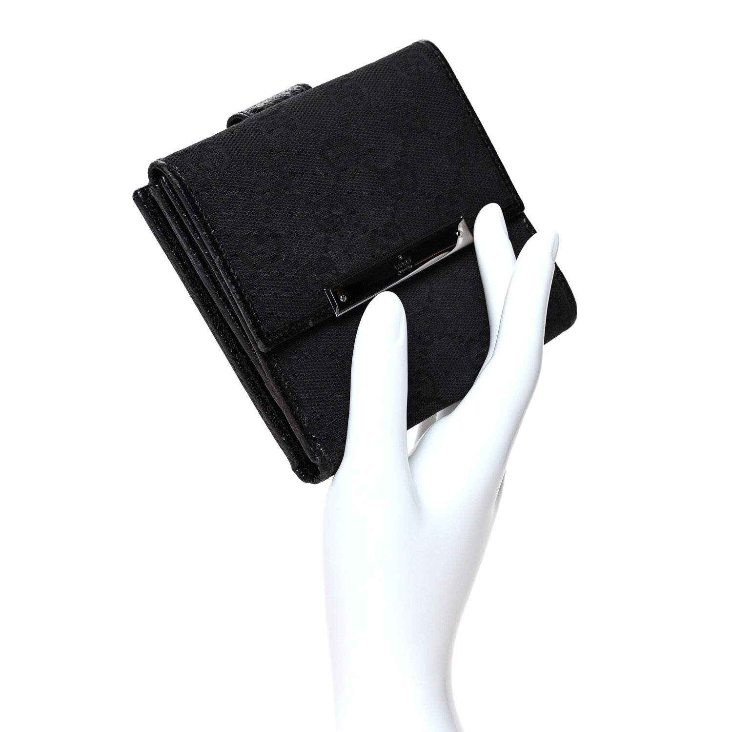 Gucci Monogram Textured Calfskin Metal Bar French Flap Wallet Black 2 of 11