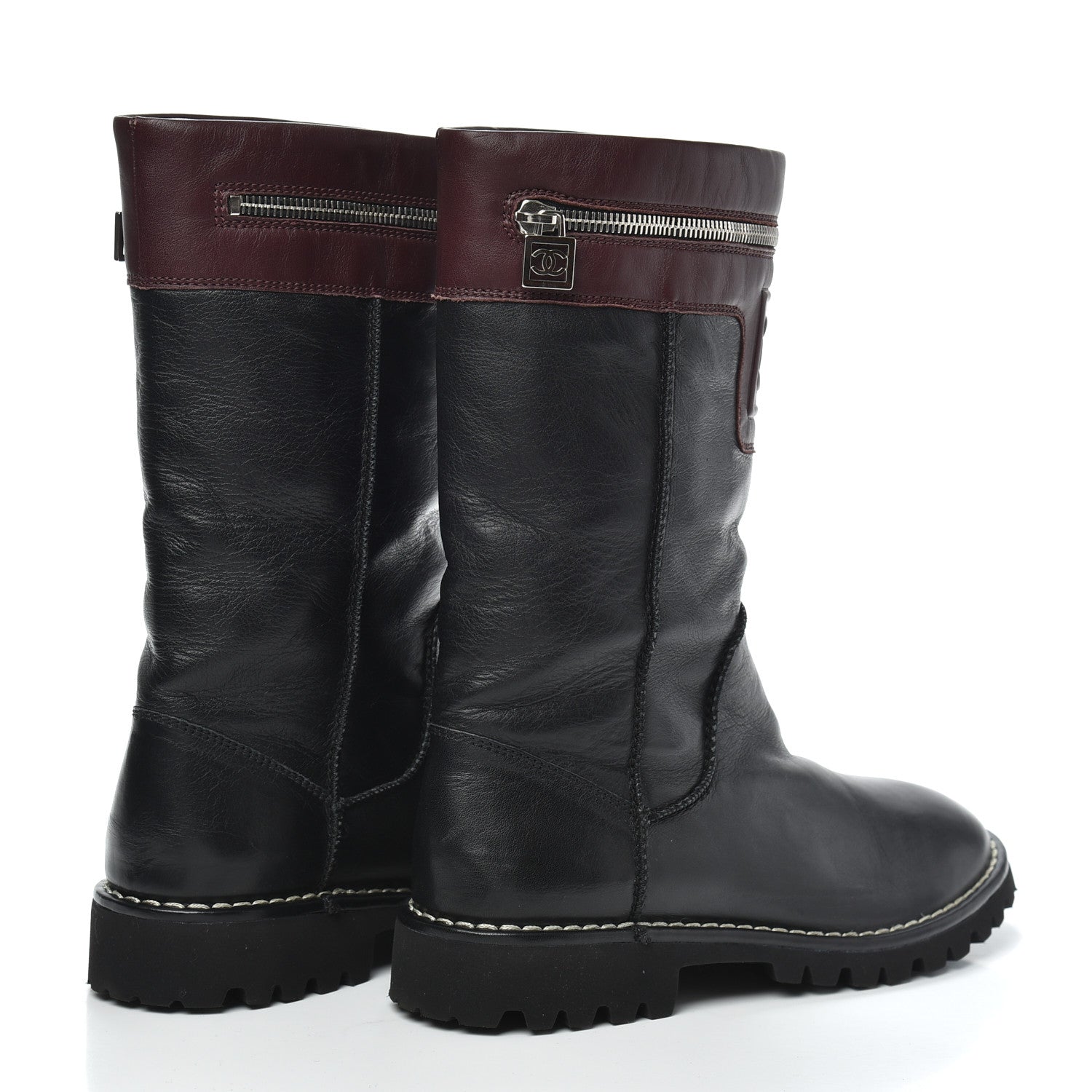 Chanel Calfskin Motorcycle Zipper Boots 37.5 Black Burgundy 4 of 6