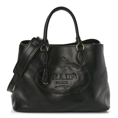 Prada Glace Calfskin Embossed Logo Tote Black 1 of 8