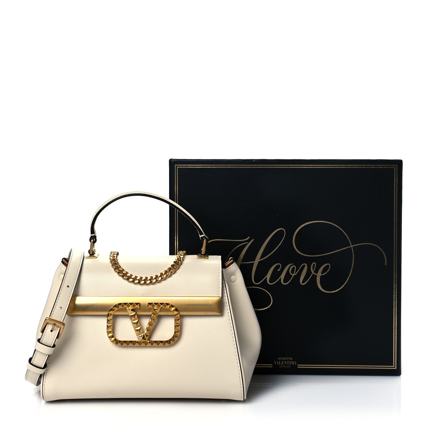 Valentino Garavani Grainy Calfskin Small Rockstud Alcove Top-Handle Bag Light Ivory 10 of 10