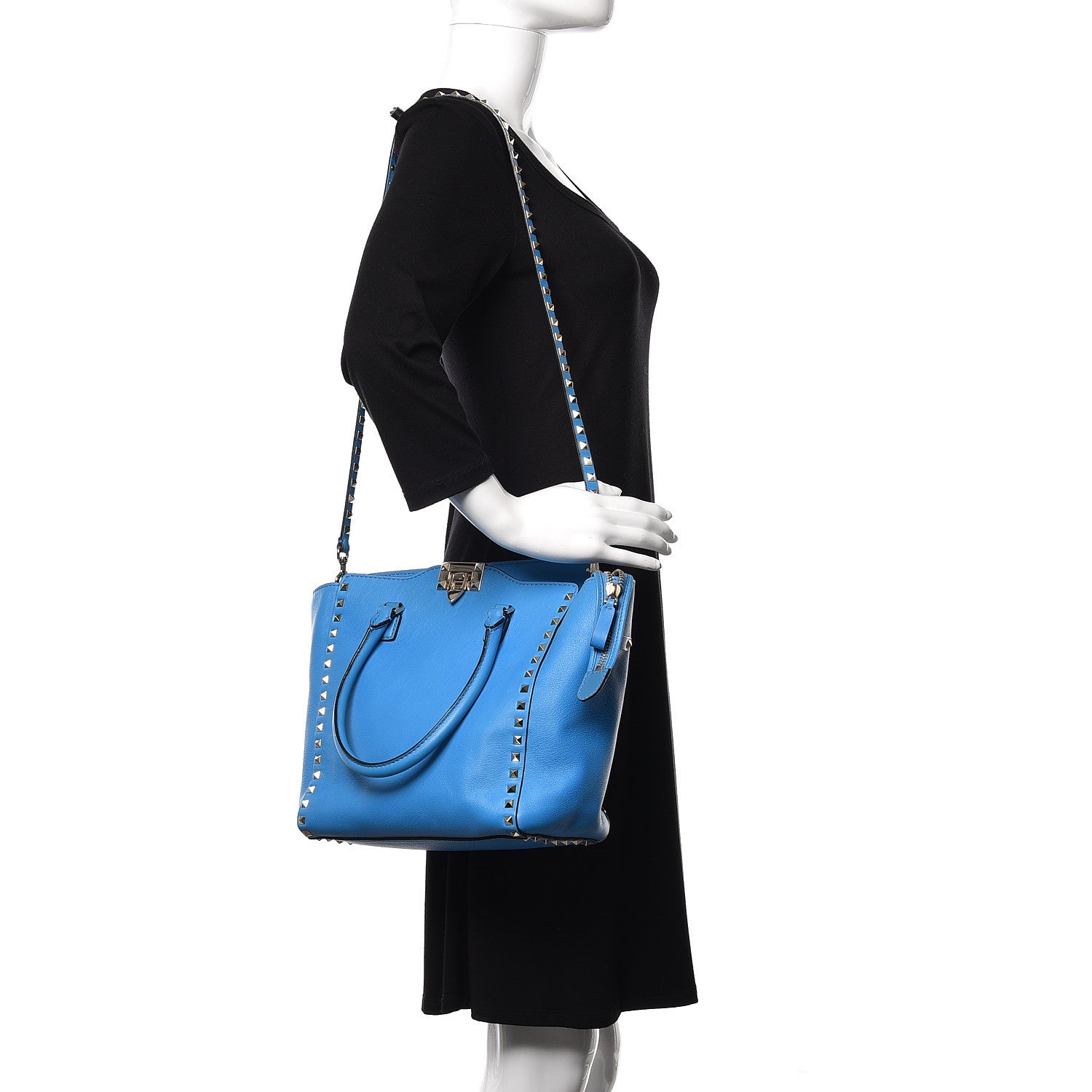 Valentino Garavani Vitello Rockstud Double Handle Tote Blue Fluo 2 of 14