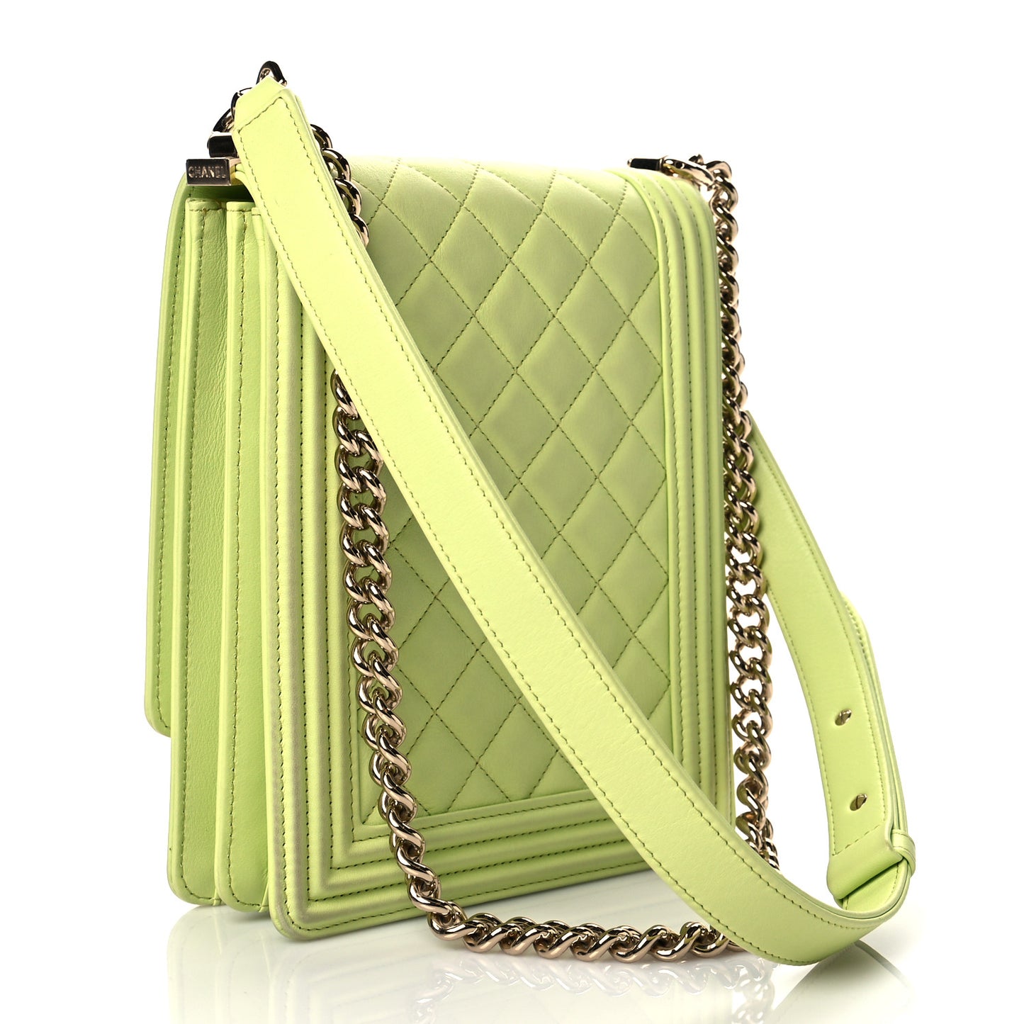 Calfskin Quilted North South Boy Flap Light Green