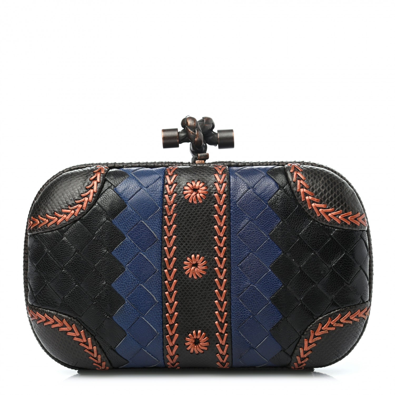 Bottega Veneta Nappa Ayers Intreccio Embroidered Knot Clutch Black Blue 1 of 6