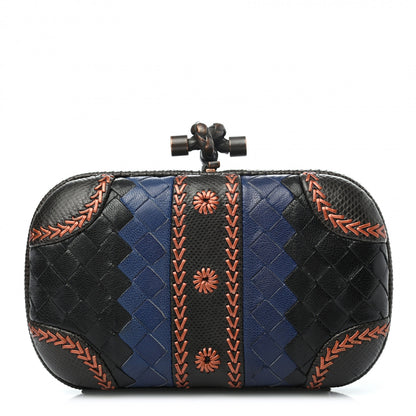 Bottega Veneta Nappa Ayers Intreccio Embroidered Knot Clutch Black Blue 1 of 6