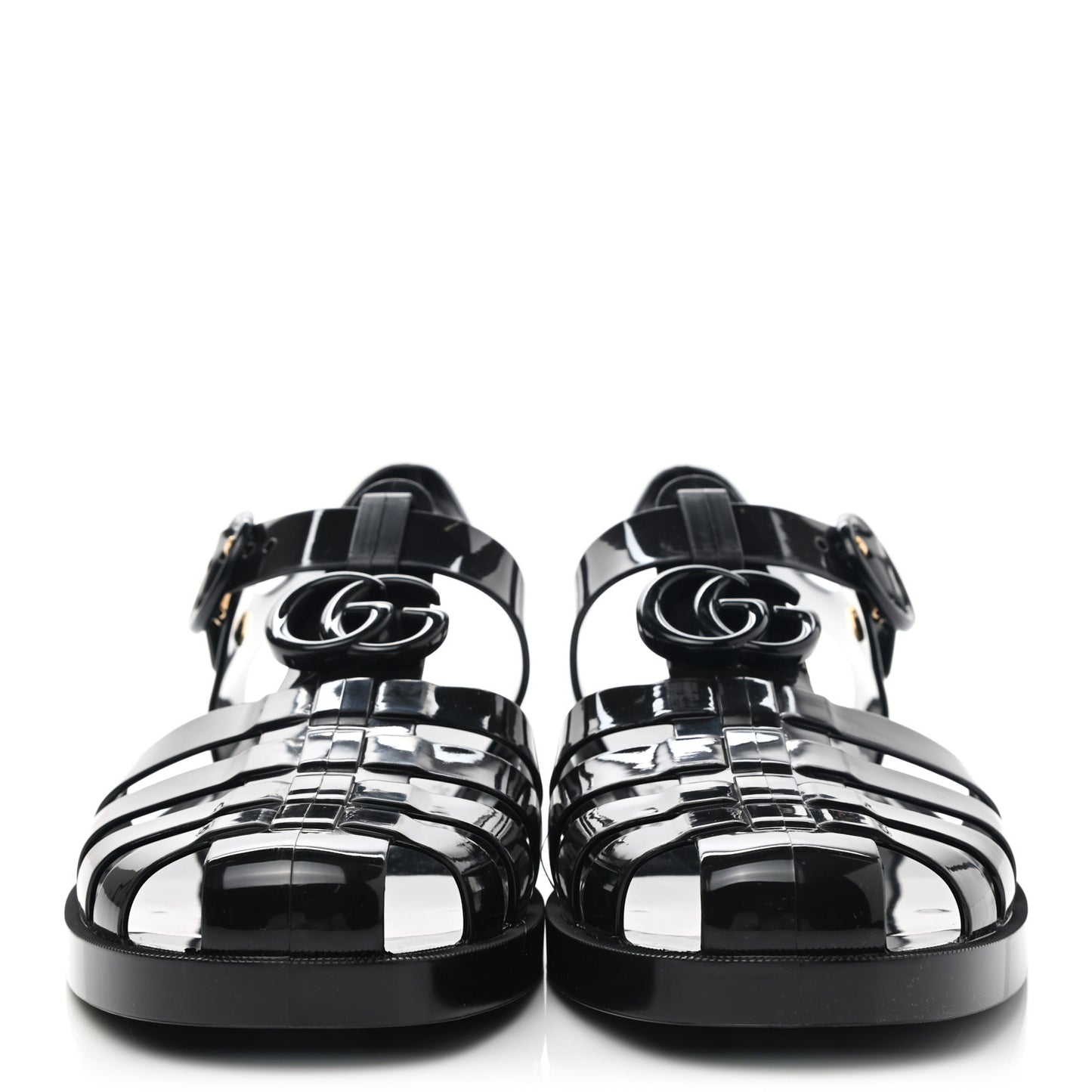 Shiny Rubber Double G Buckle Strap Sandals 40 Black