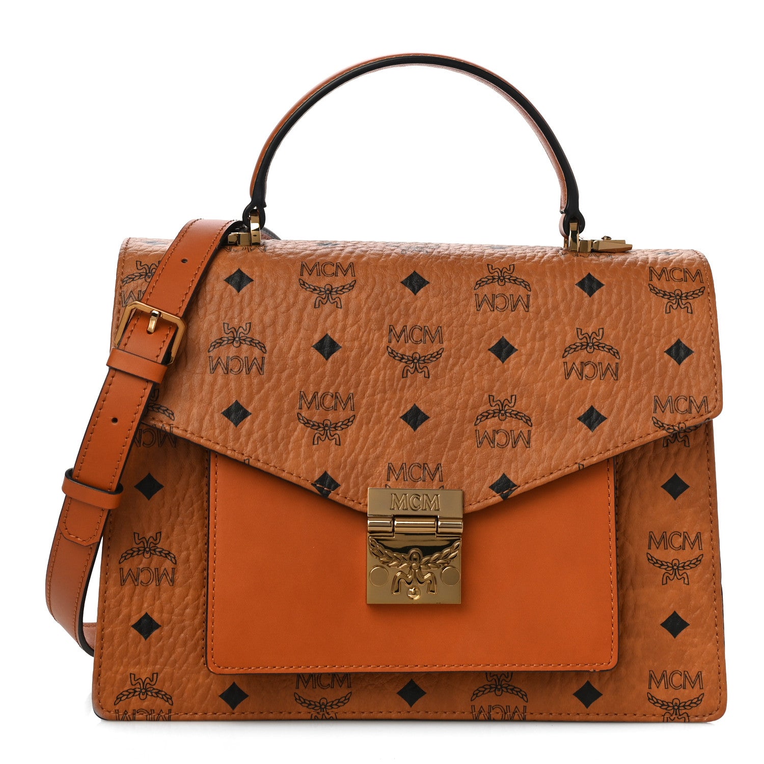 MCM Visetos Medium Patricia Pocket Satchel Cognac 1 of 9