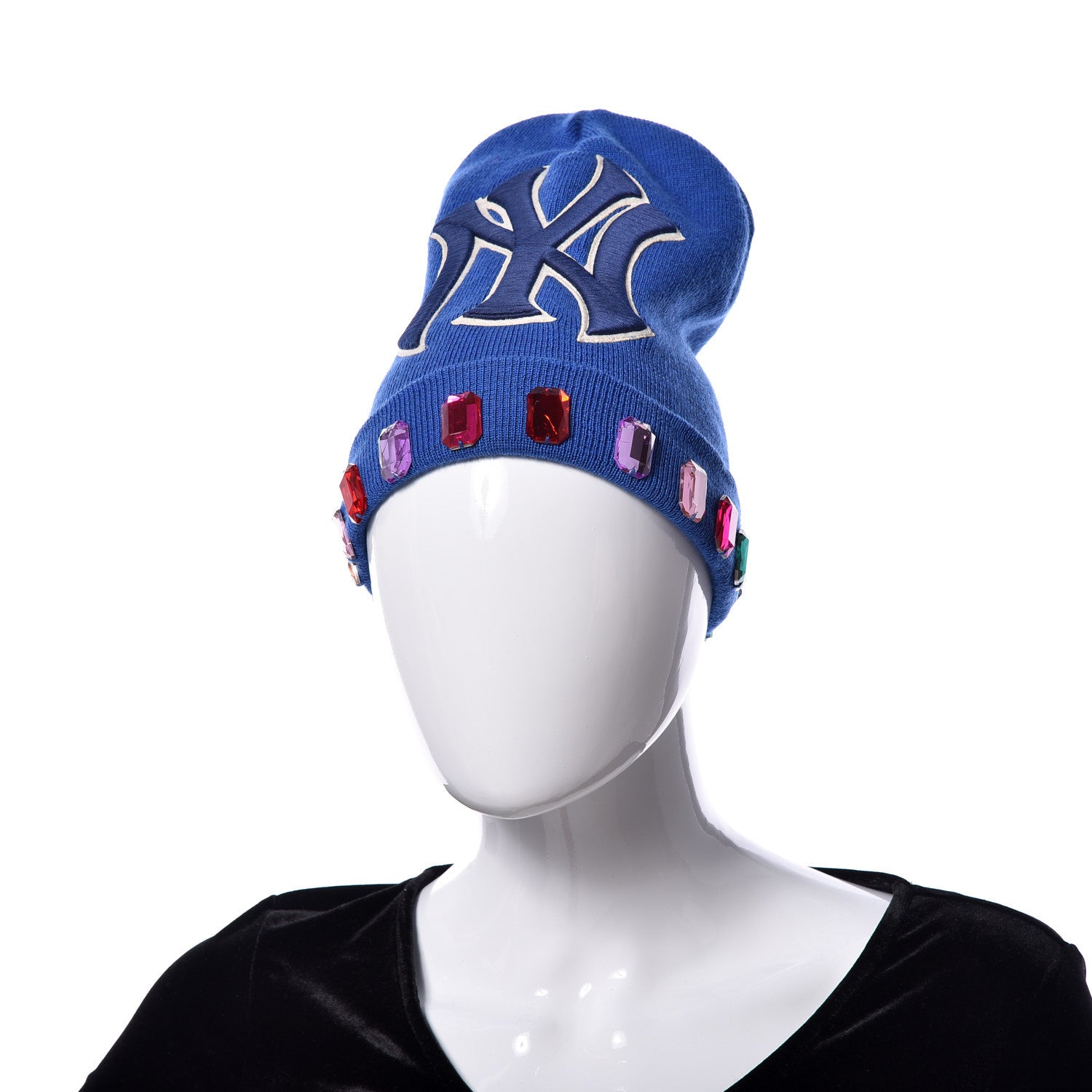 Gucci X MLB Wool Crystal NY Yankees Beanie Hat 58 Blue 3 of 7