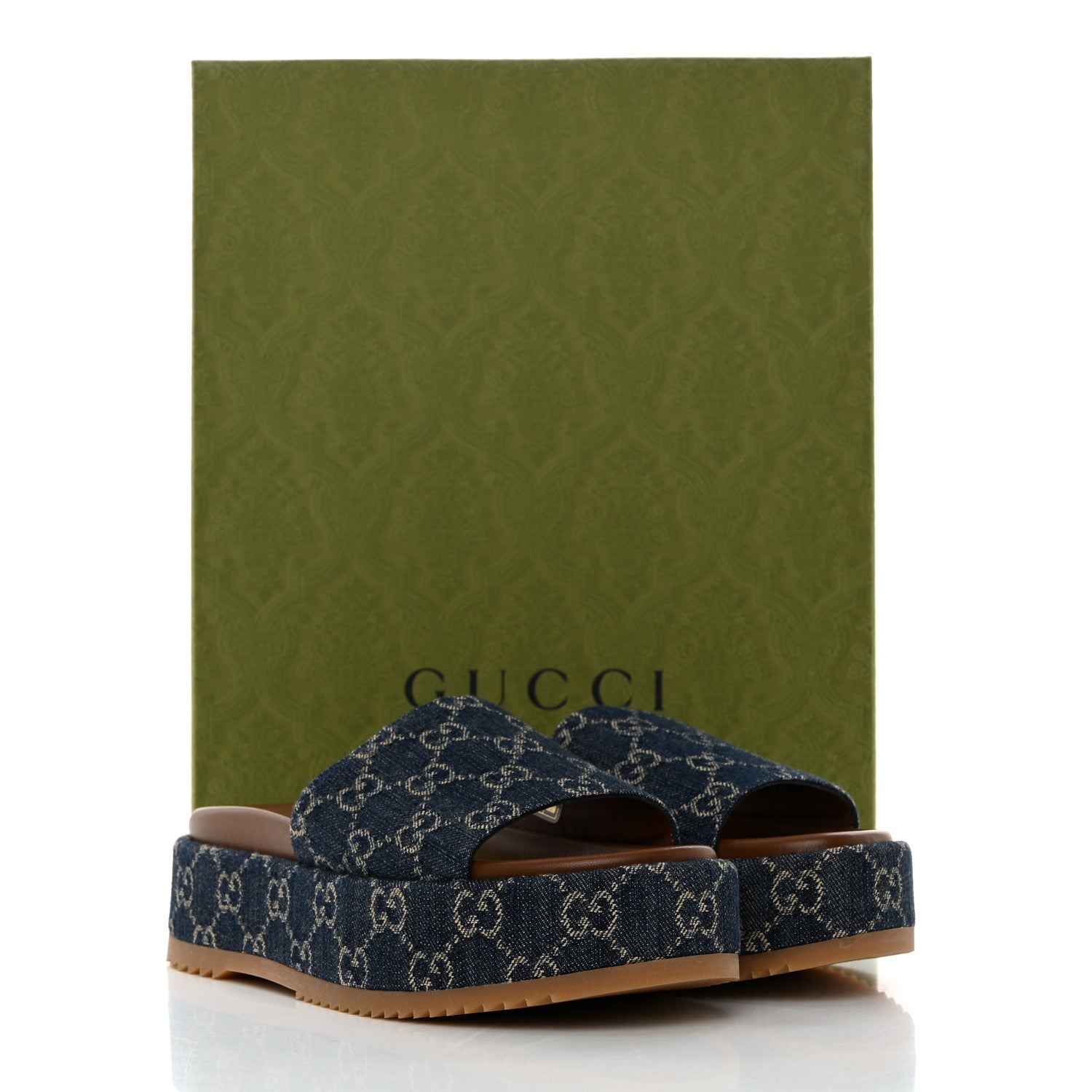 Gucci New Denim GG Monogram Angelina Platform 55mm Slide Sandals 37.5 Blue Tea 9 of 9