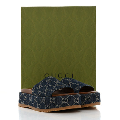 Gucci New Denim GG Monogram Angelina Platform 55mm Slide Sandals 37.5 Blue Tea 9 of 9