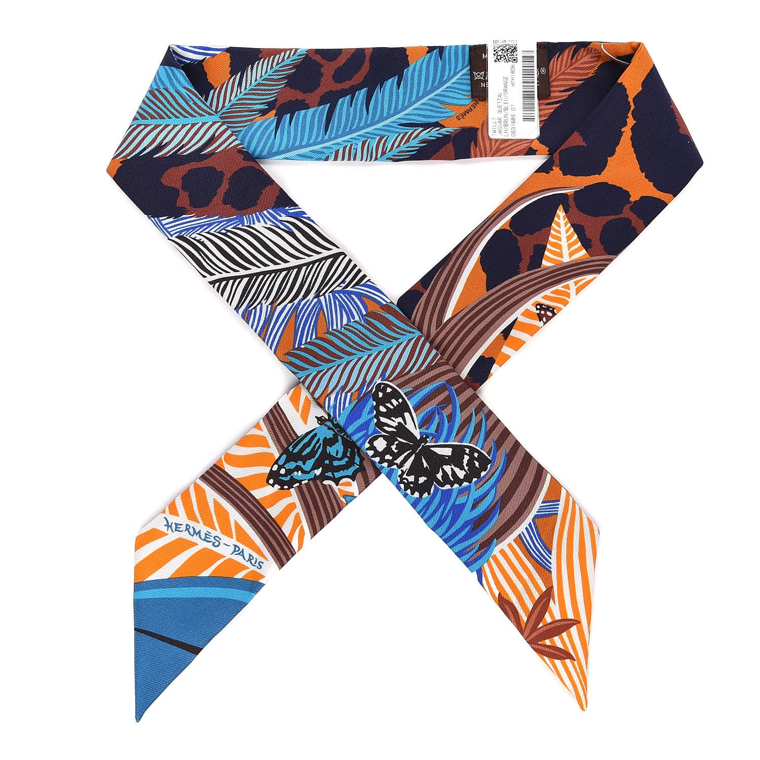 Hermes Silk Jaguar Quetzal Twilly Brun Bleu Orange 1 of 5