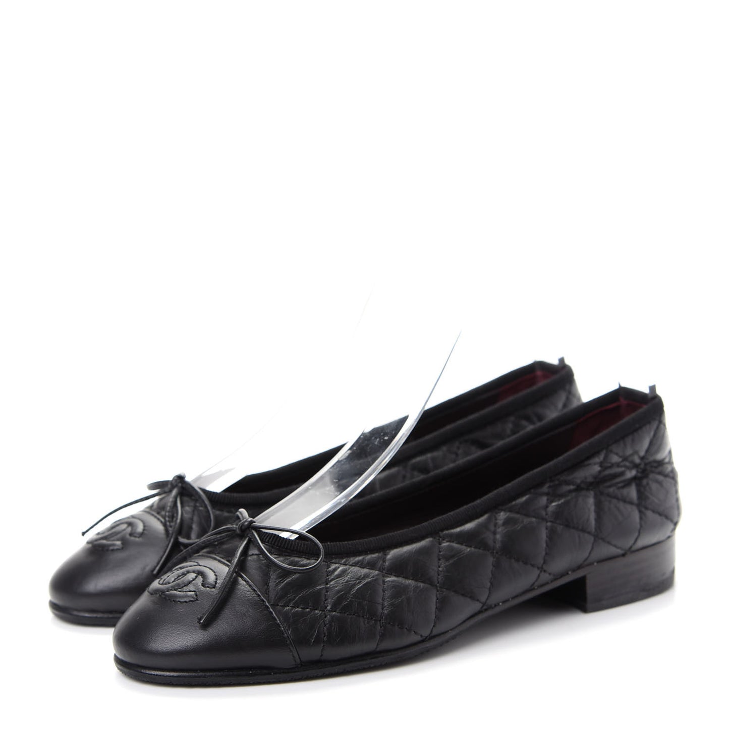 Aged Calfskin Quilted Cap Toe Ballerina Flats 35.5 Black