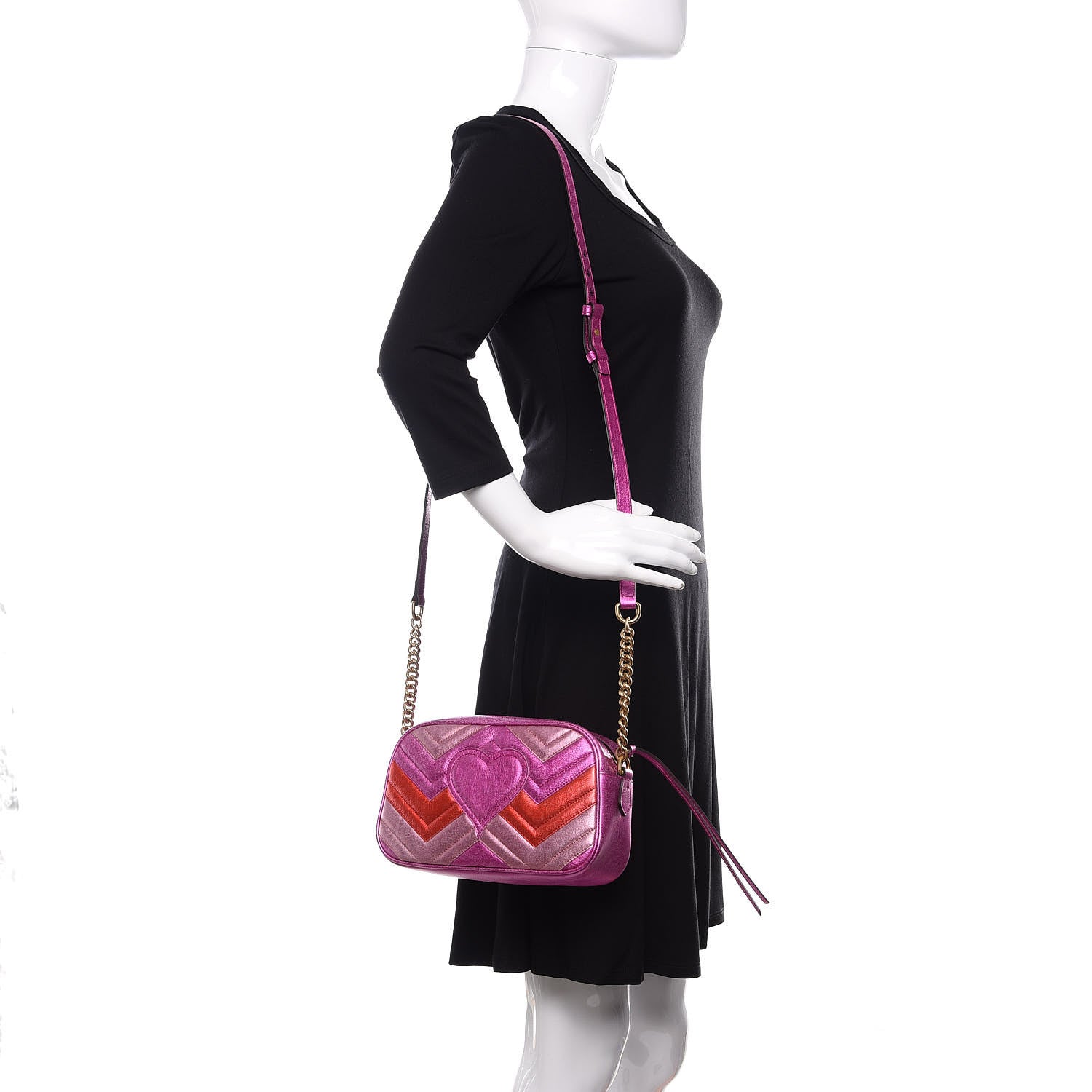 Gucci Laminated Nappa Matelasse Small GG Marmont Chain Shoulder Bag Fuxia Rosso Rosa 3 of 11