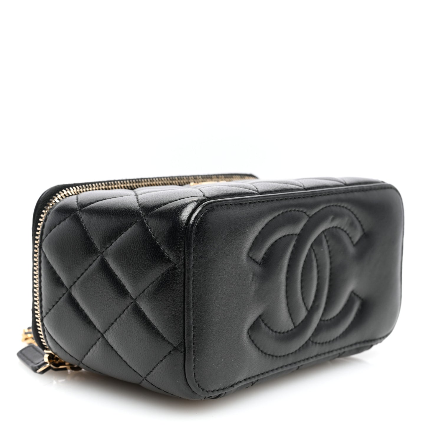 Lambskin Quilted Pearl Crush Small Vanity Case With Chain Black