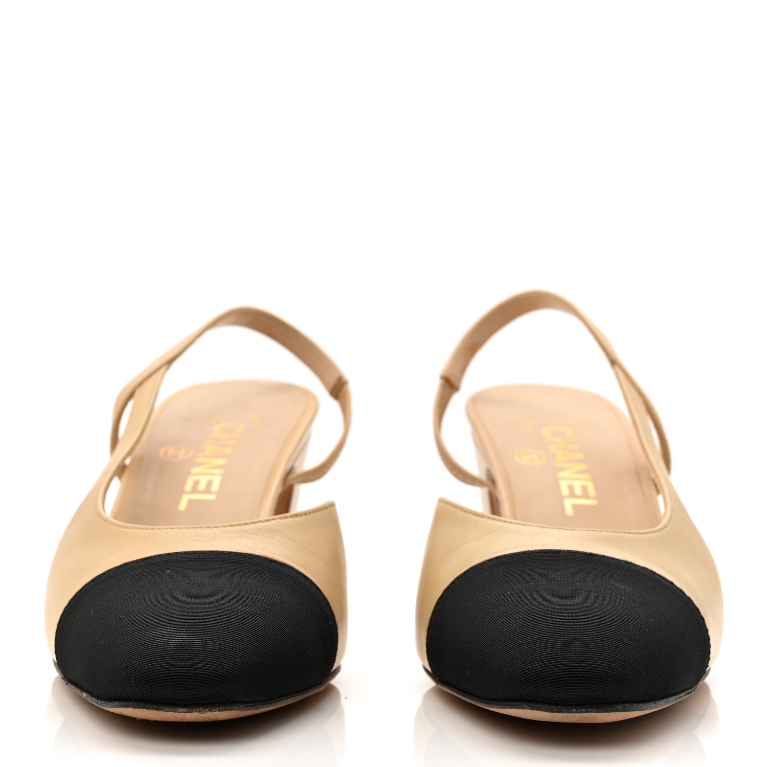 Chanel Goatskin Grosgrain Cap Toe CC Slingback Pumps 37 Beige Black 2 of 11