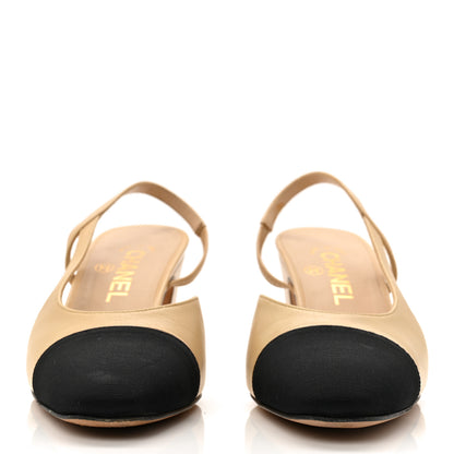 Chanel Goatskin Grosgrain Cap Toe CC Slingback Pumps 37 Beige Black 2 of 11