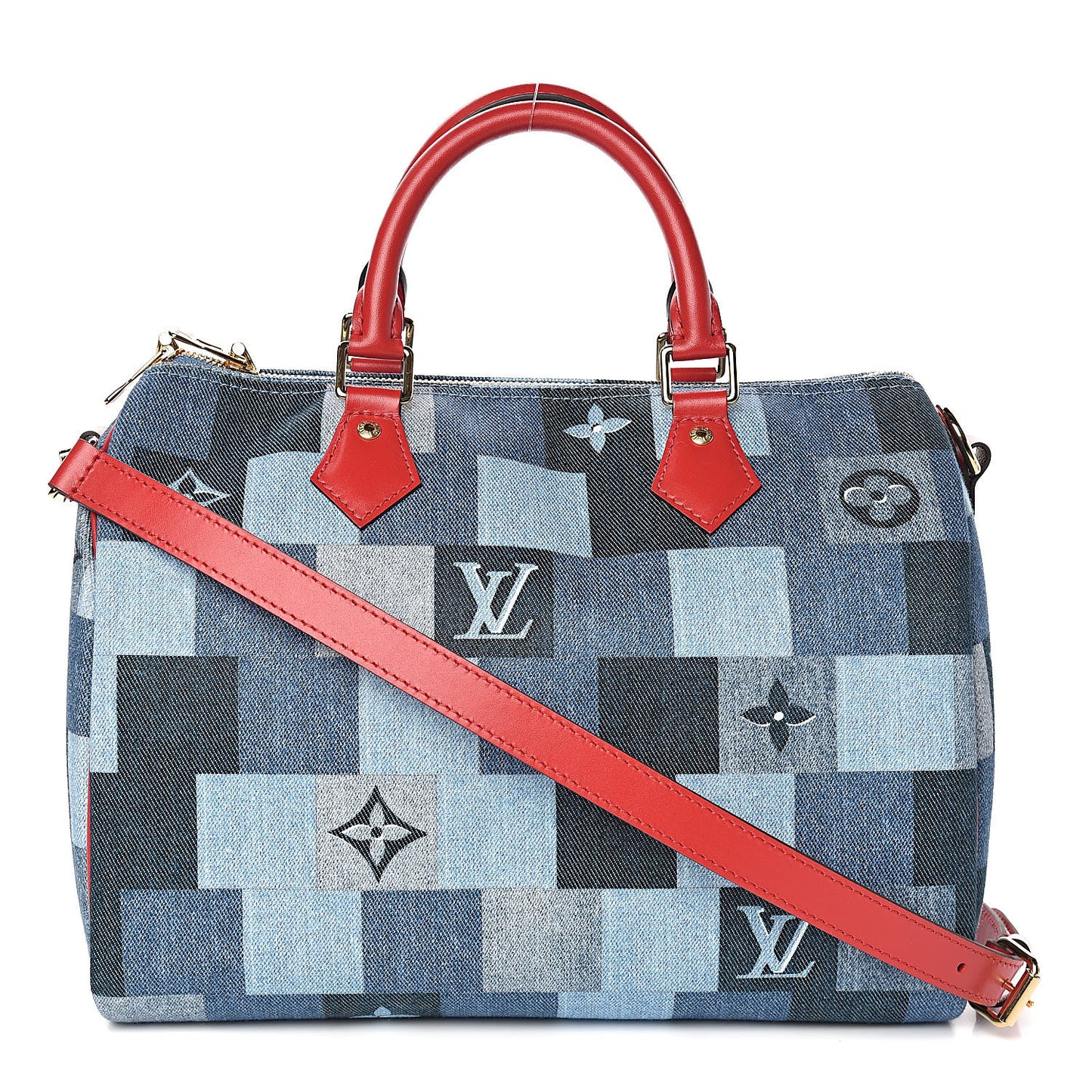 Denim Damier Monogram Patchwork Speedy Bandouliere 30 Blue Rouge