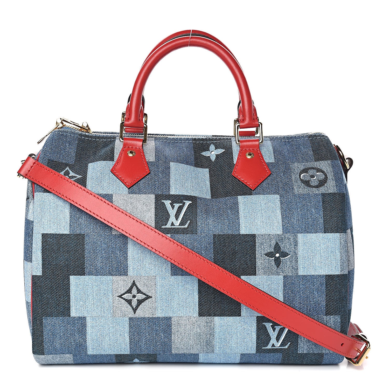 Louis Vuitton Denim Damier Monogram Patchwork Speedy Bandouliere 30 Blue Rouge 1 of 9