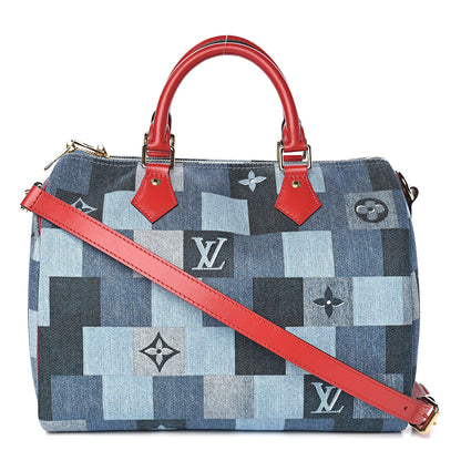 Louis Vuitton Denim Damier Monogram Patchwork Speedy Bandouliere 30 Blue Rouge 1 of 9