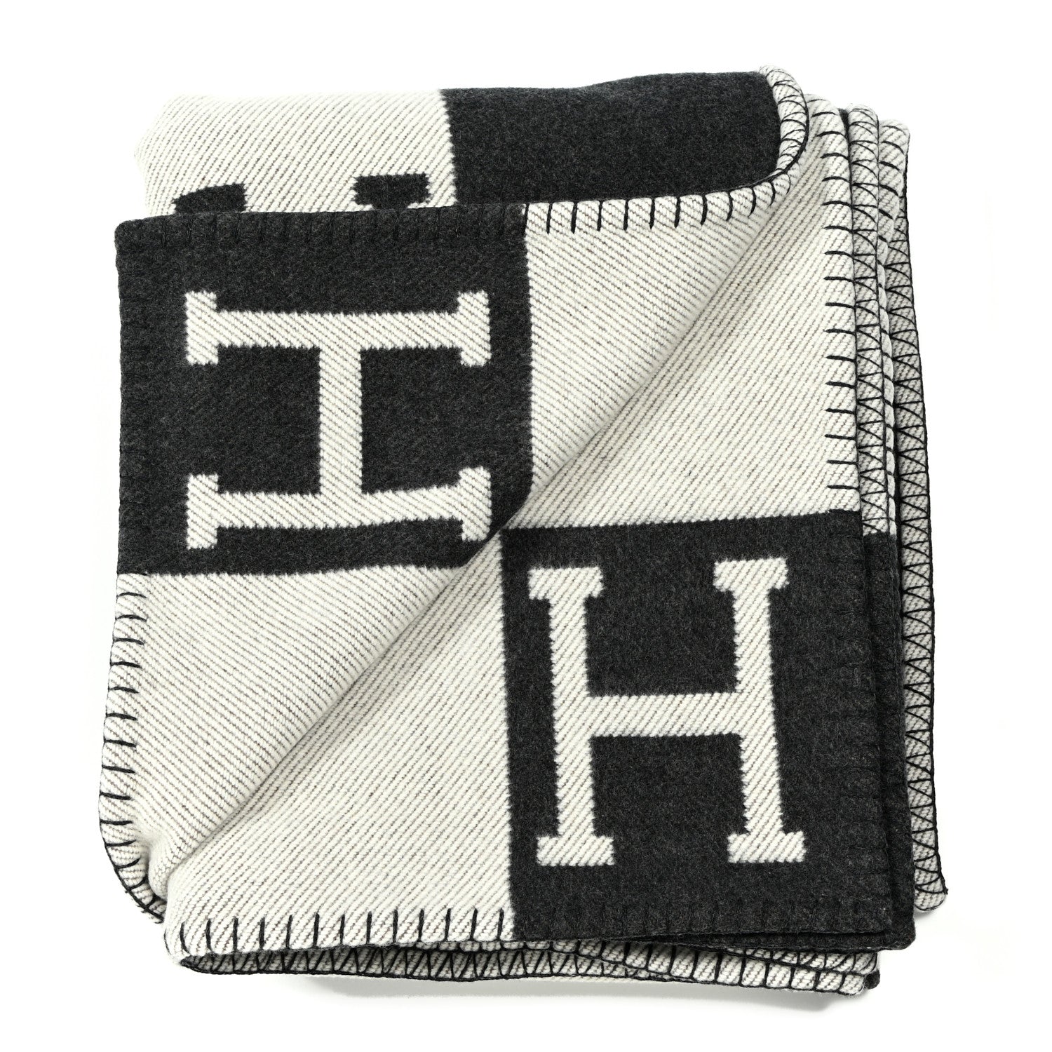 Hermes Wool Cashmere Avalon Signature Blanket Ecru Gris Fonce 2 of 3