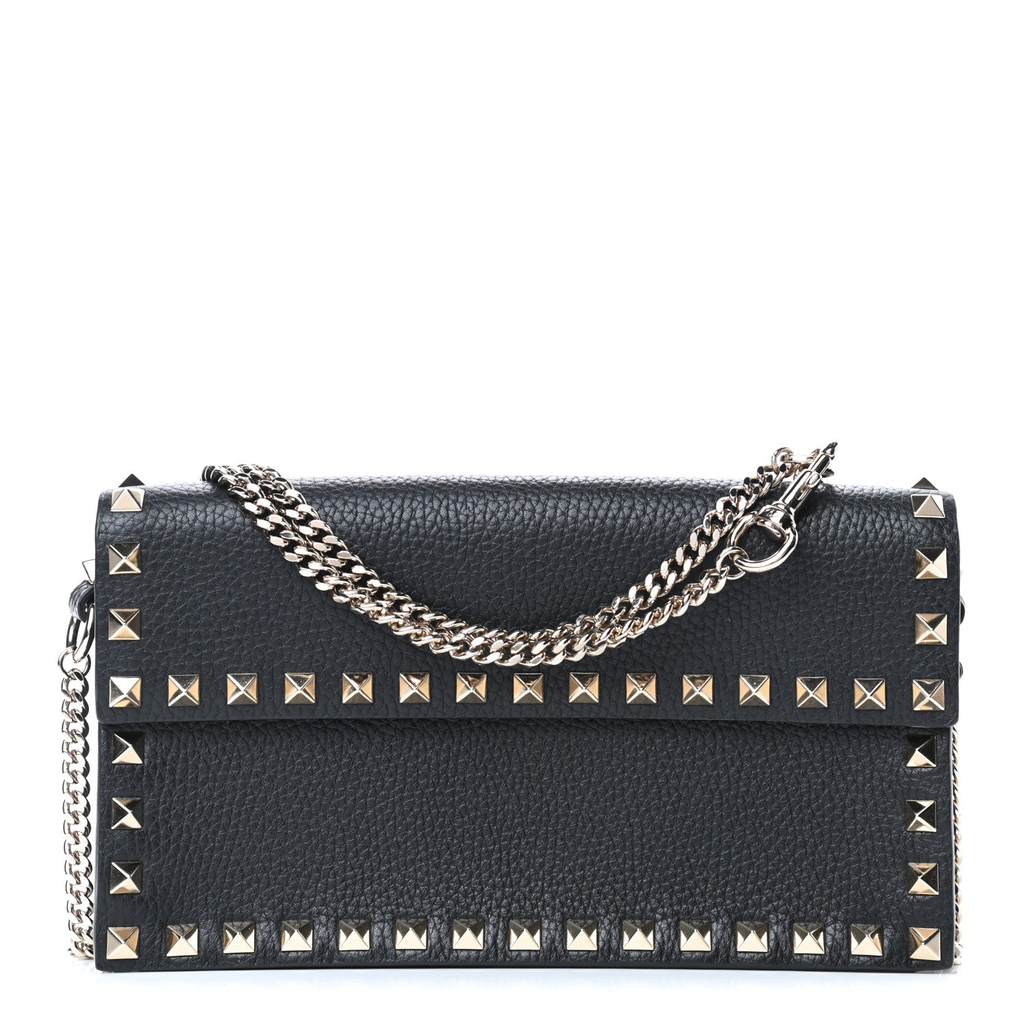 Valentino Garavani Pebbled Calfskin Rockstud Flap Wallet On Chain Black 1 of 4