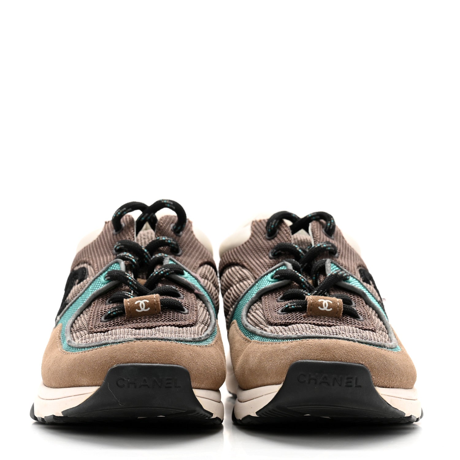 Chanel Nylon Calfskin Suede Womens CC Sneakers 39 Brown Green