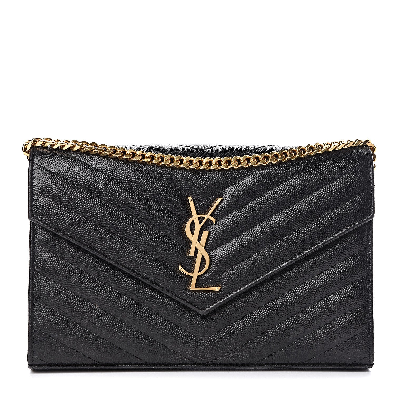 Saint Laurent Grain De Poudre Matelasse Chevron Monogram Chain Wallet Black 1 of 13
