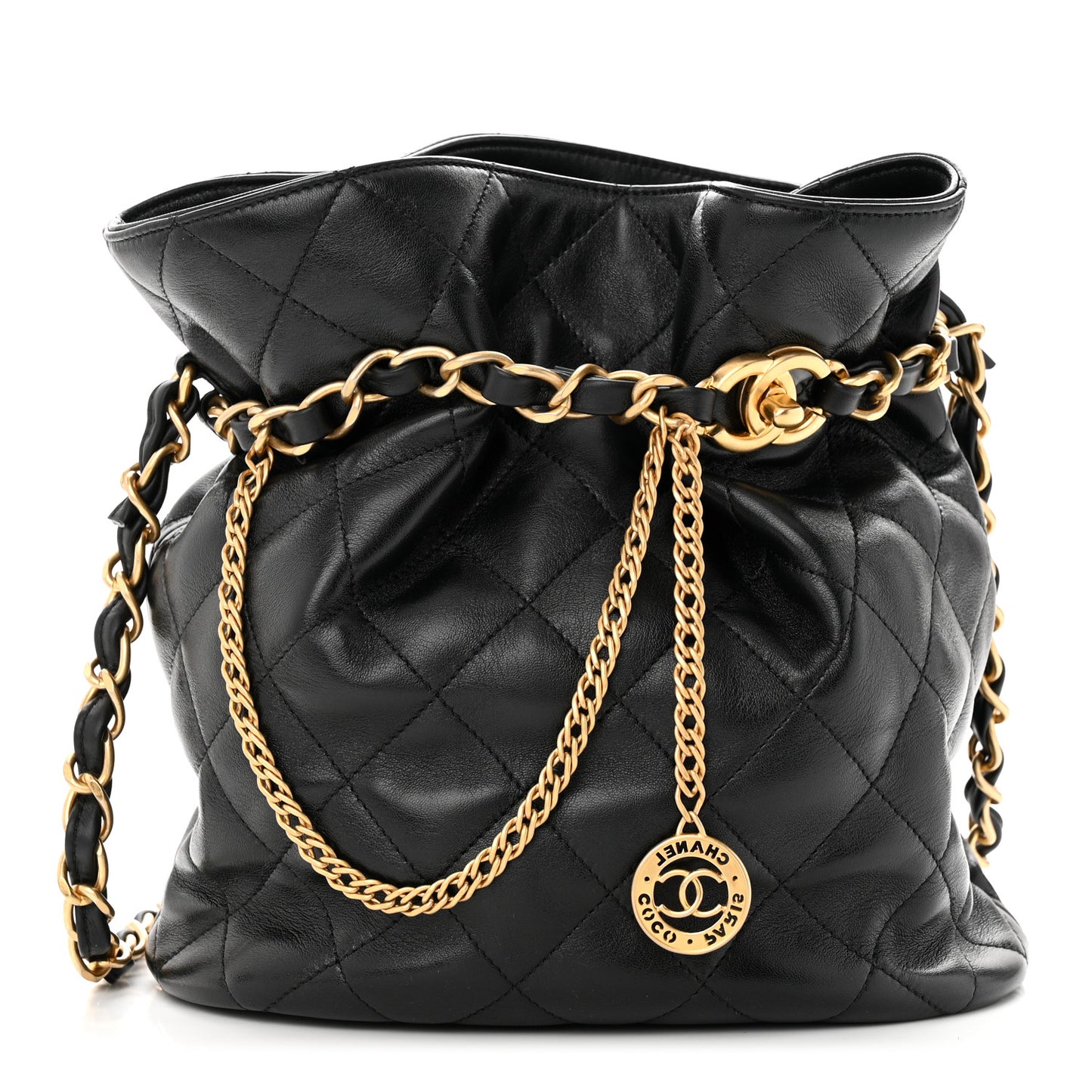 Lambskin Quilted Fancy Jewel Bucket Drawstring Bag Black