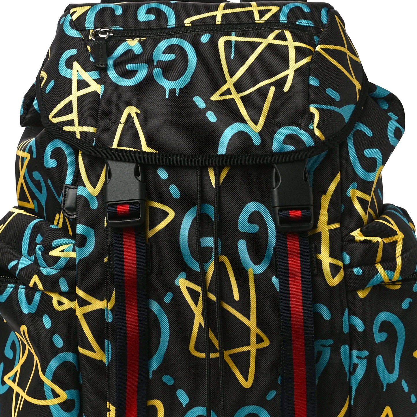 Techno Canvas GucciGhost Double Buckle Backpack Black New Acquamarine