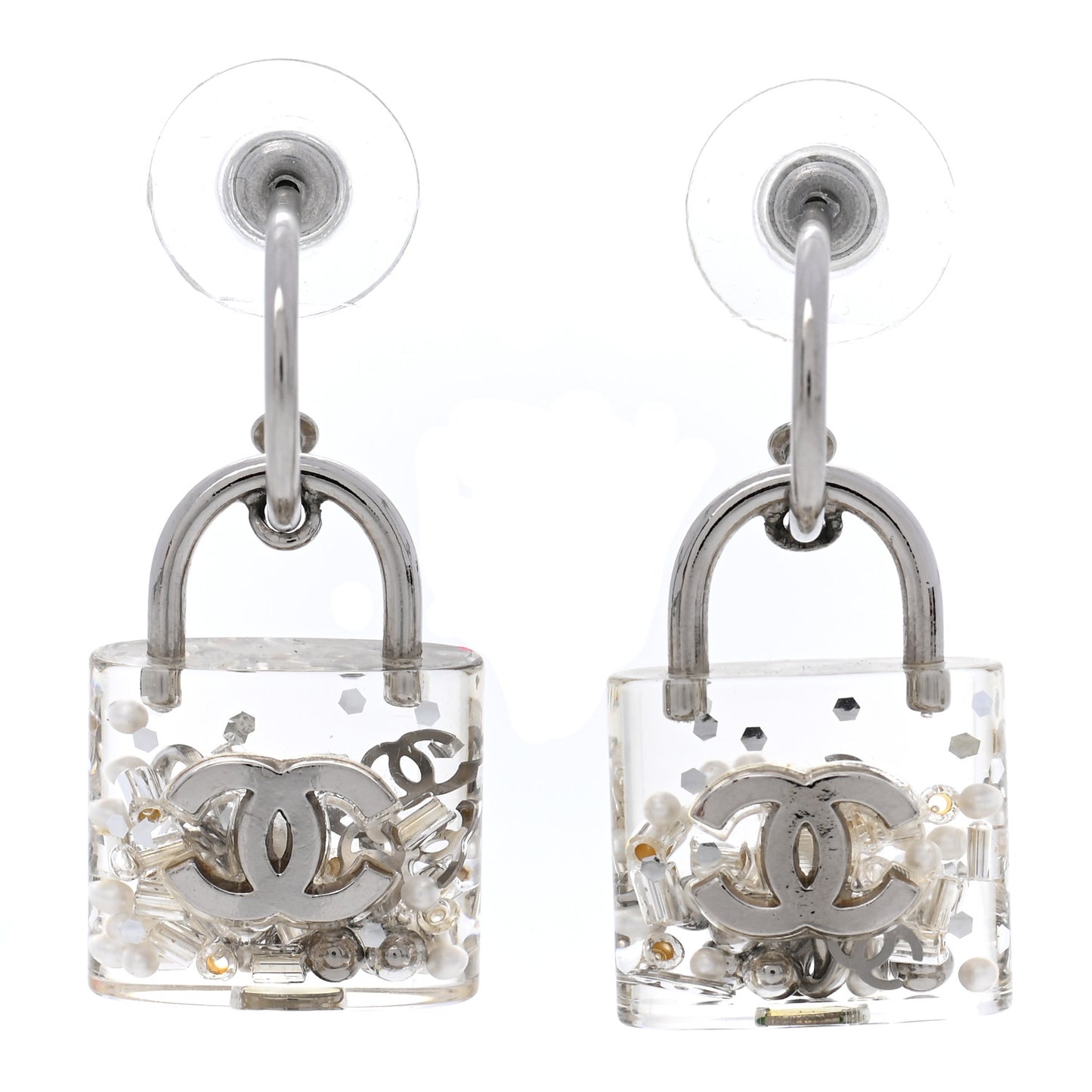Resin Pearl CC Padlock Earrings Grey
