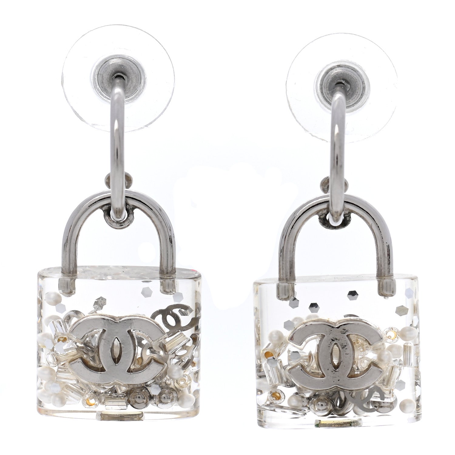 Chanel Resin Pearl CC Padlock Earrings Grey 1 of 4