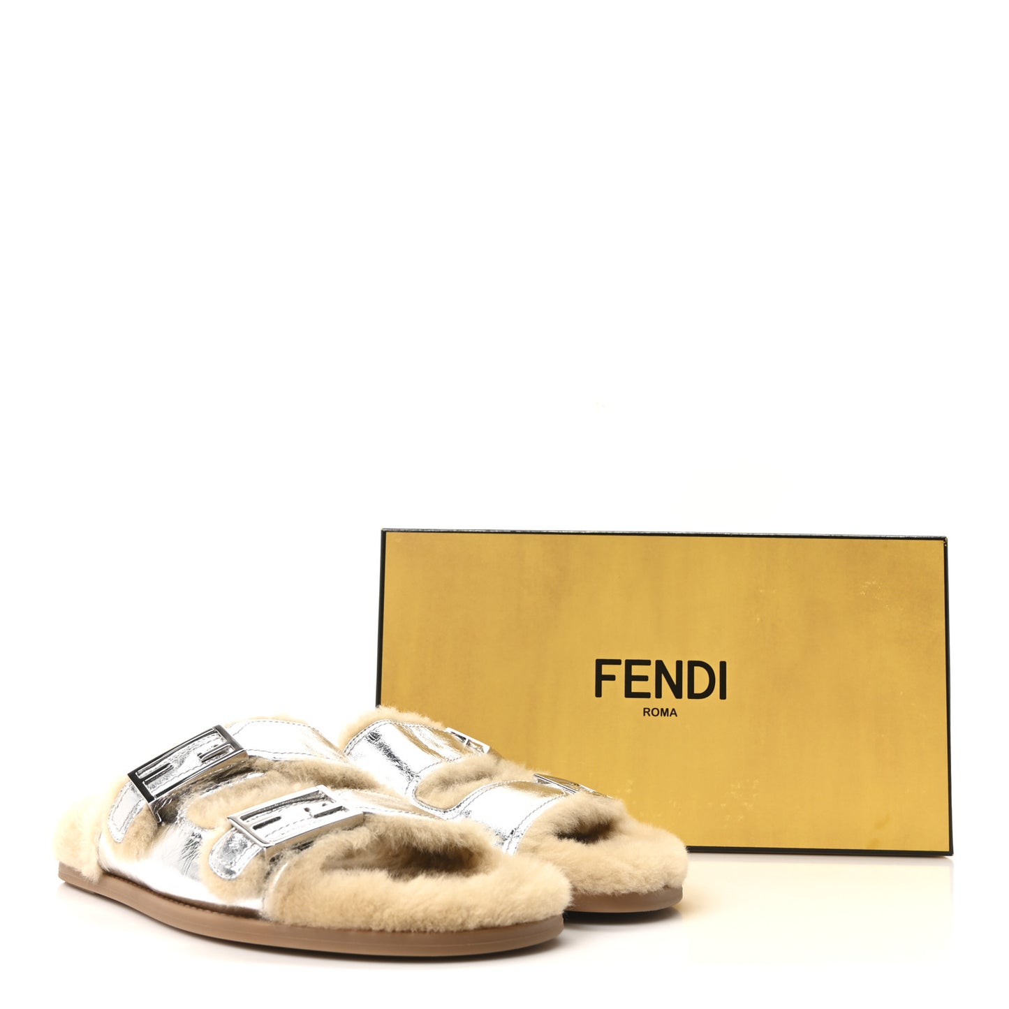 Shearling Metallic Vitello Womens FF Fendi Feel Buckled Slide Sandals 40 Argento