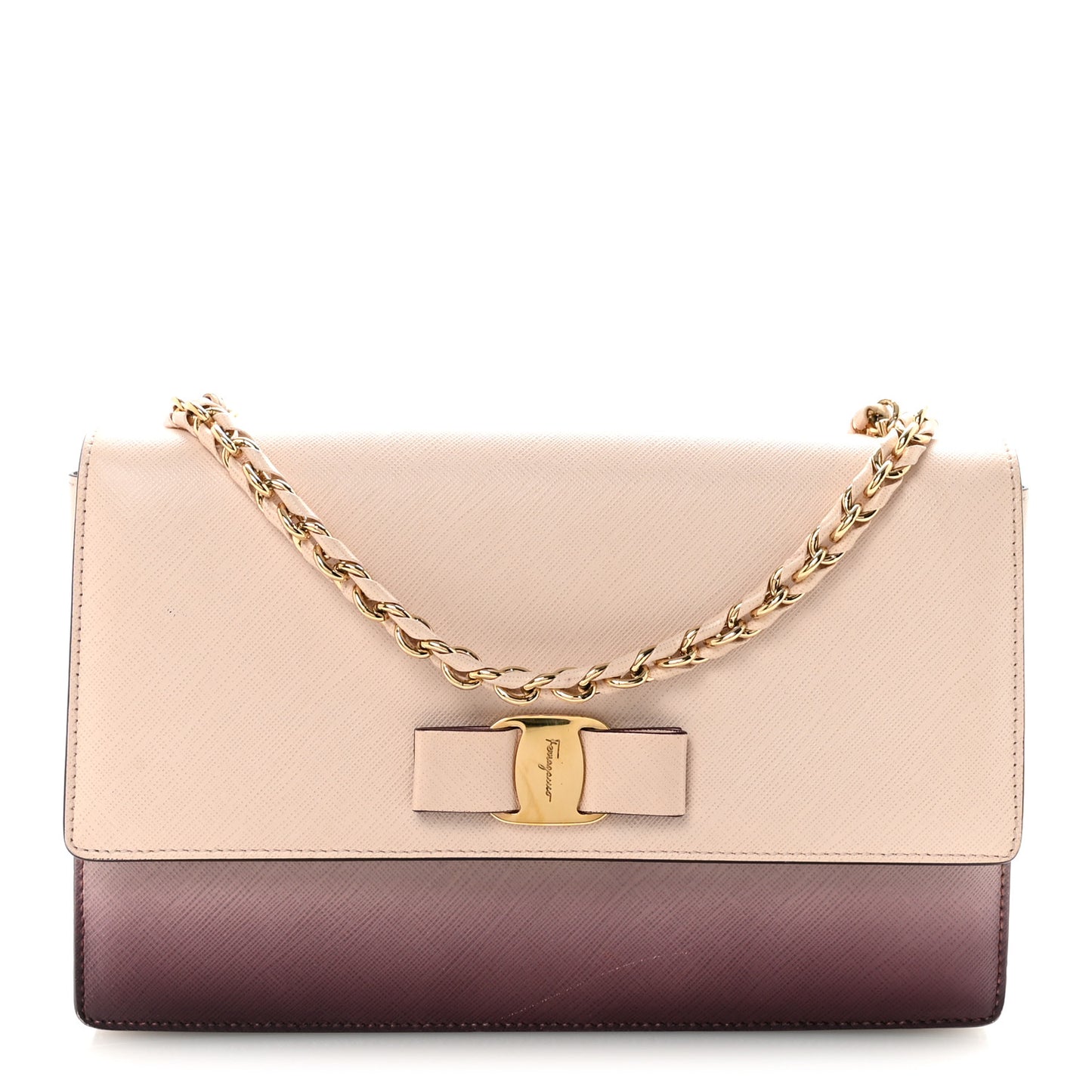 Hammered Calfskin Vara Bow Chain Flap Crossbody  Pink Purple