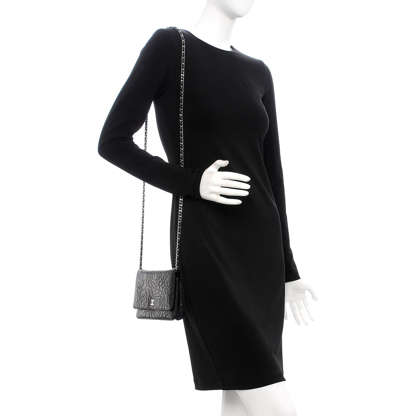 Lambskin Camellia Embossed Wallet on Chain WOC Black