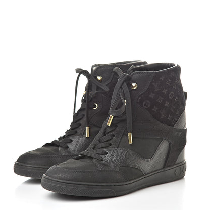 Louis Vuitton Calfskin Suede Monogram Cliff Top Wedge Sneakers 37 Black 3 of 12