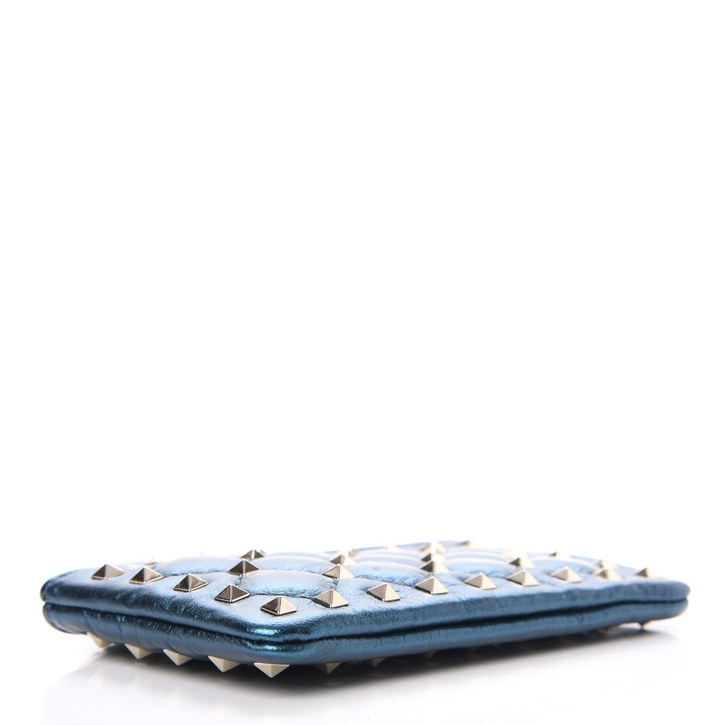 Metallic Wrinkled Lambskin Rockstud Spike Zip Coin Purse Peacock