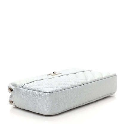 Chanel Metallic Caviar Chevron Quilted Small Vintage Mademoiselle Clutch With Chain Silver 4 of 10