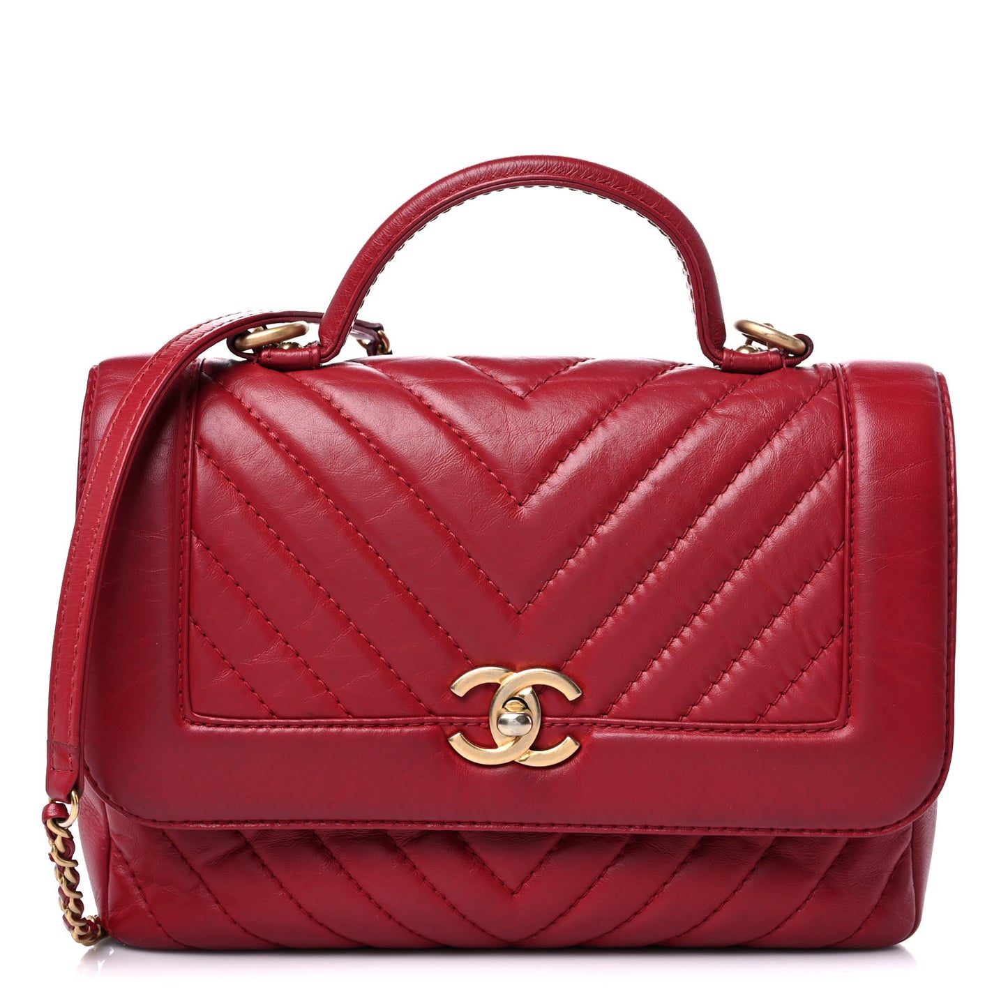 Calfskin Chevron Quilted Top Handle Flap Red