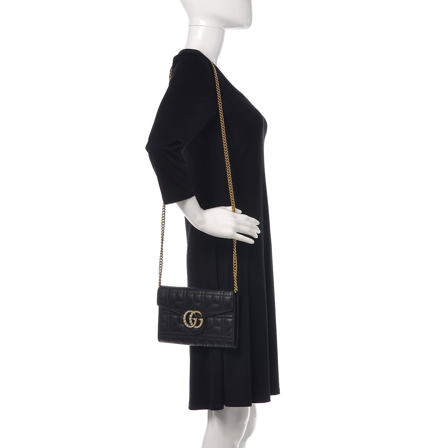 Gucci Calfskin Matelasse Mini Pearly GG Marmont Chain Wallet Black 2 of 9