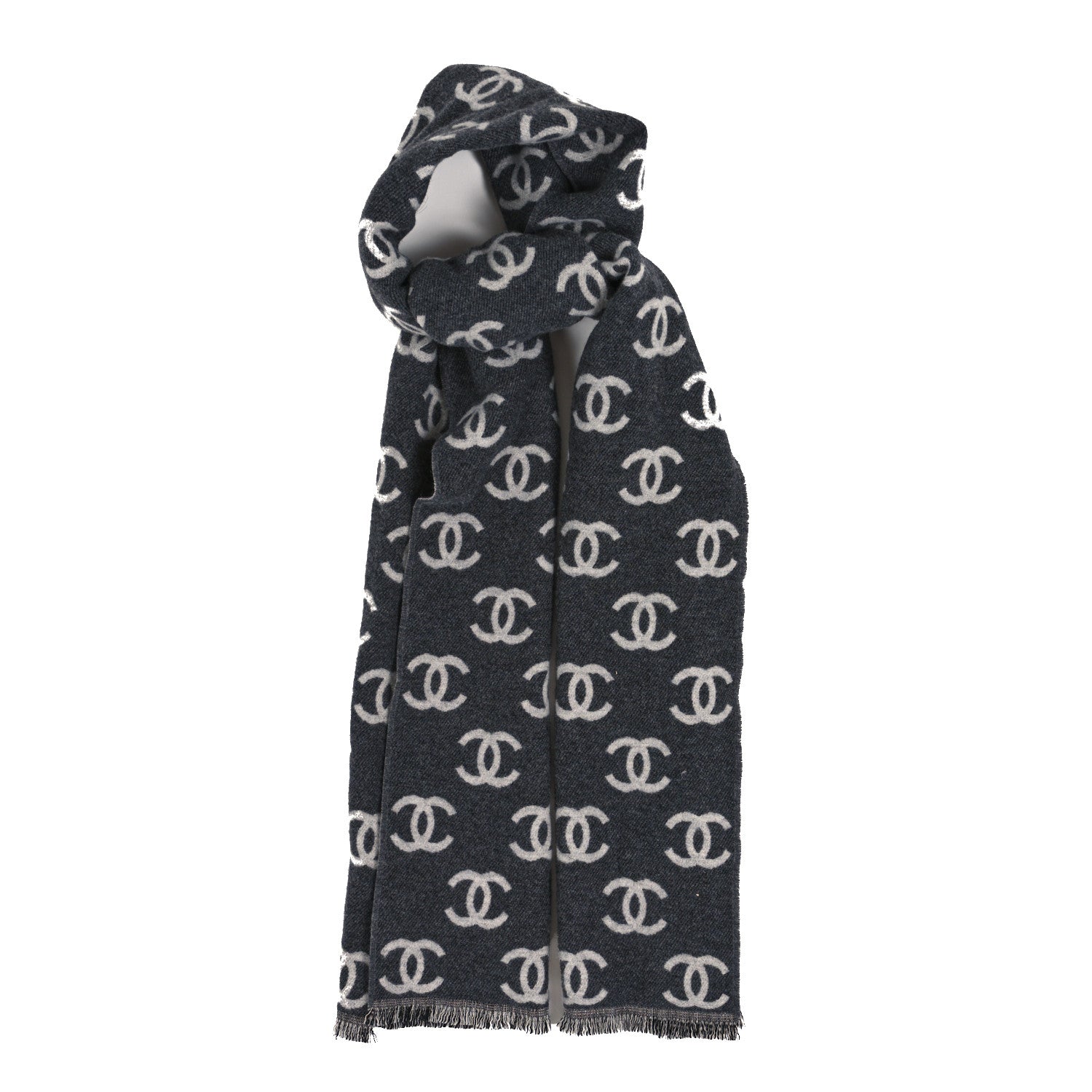 Chanel Cashmere Wool CC Scarf Grey White 1 of 3