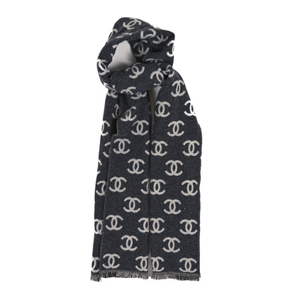 Chanel Cashmere Wool CC Scarf Grey White 1 of 3