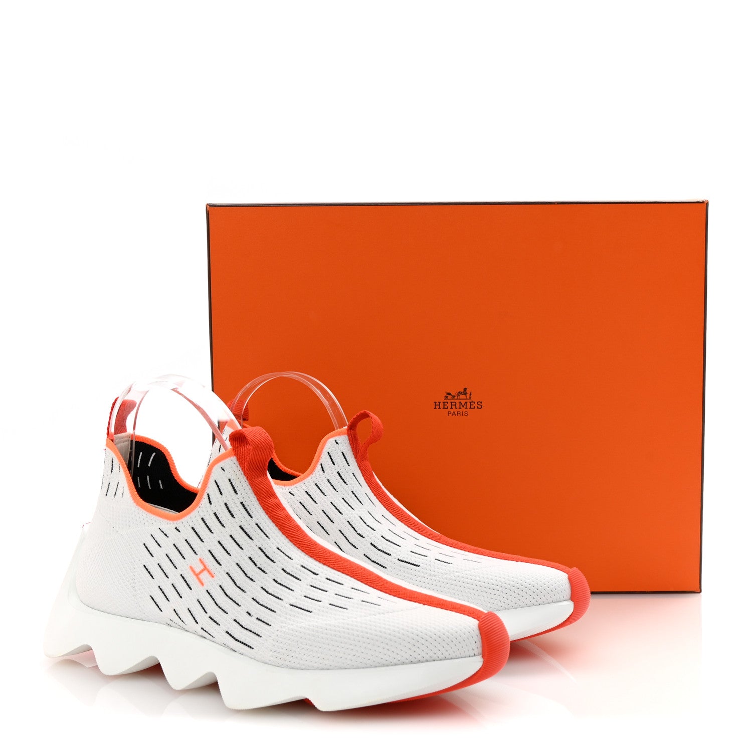 Hermes Technical Canvas Goatskin Womens Eclair Sneakers 41 White Orange 9 of 9