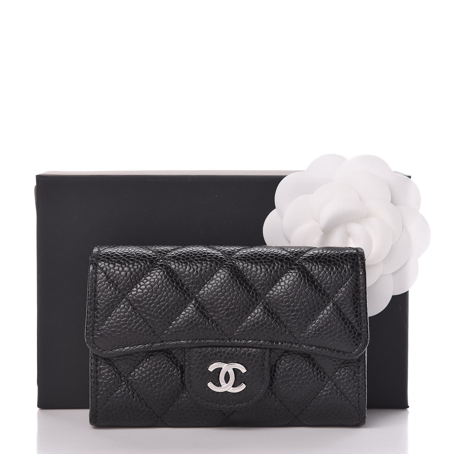 Caviar Quilted Flap Card Holder Wallet Black