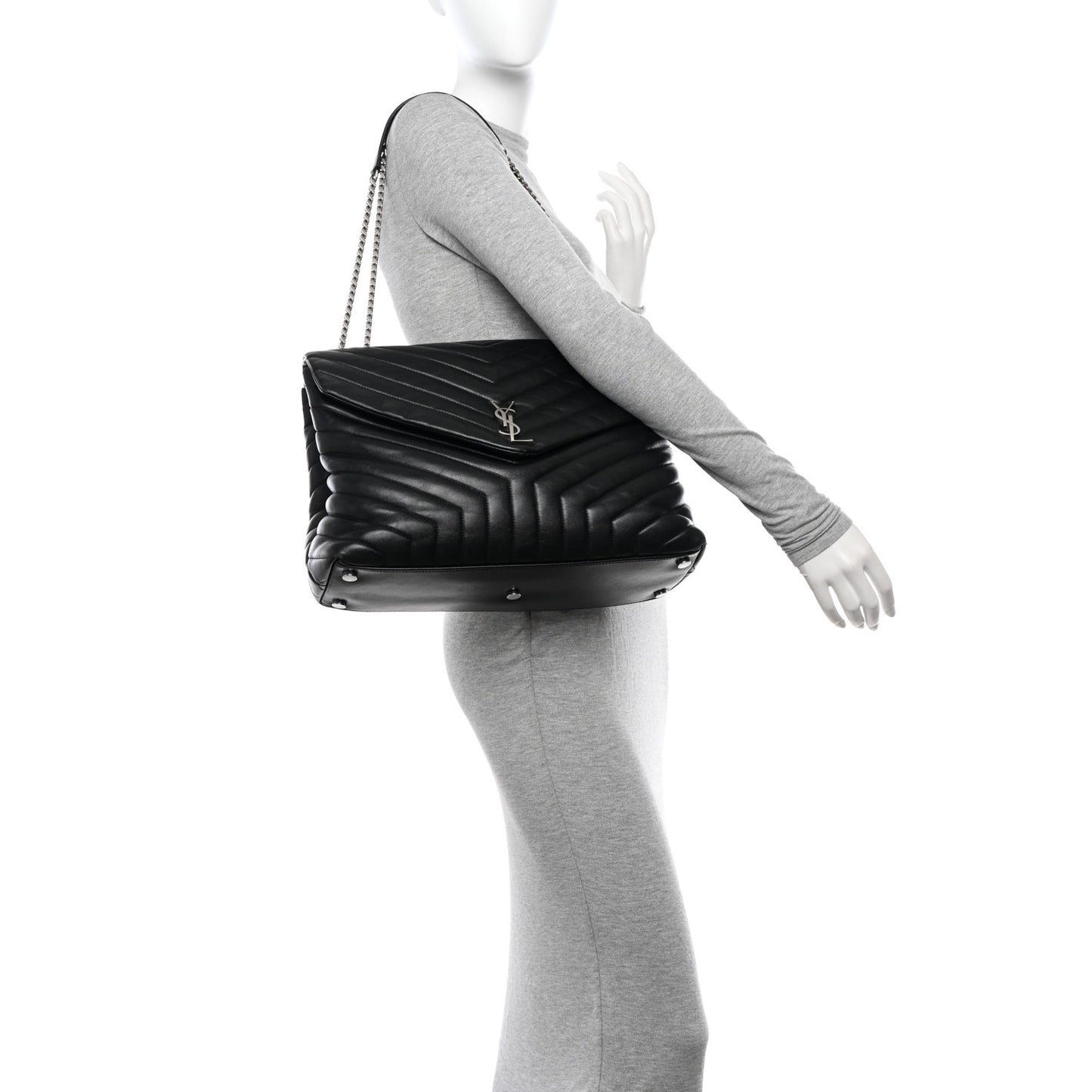 Calfskin Y Quilted Monogram Large Loulou Chain Satchel Black
