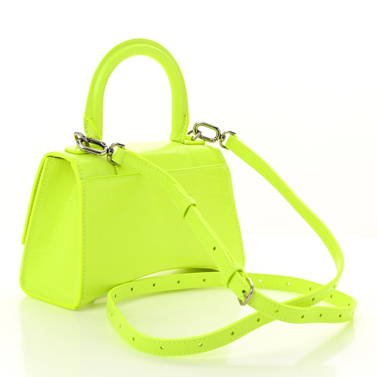 Shiny Calfskin Crocodile Embossed Hourglass Top Handle Bag XS Fluo Yellow