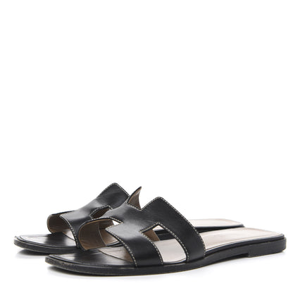 Hermes Box Calfskin Oran Sandals 37.5 Black 3 of 9