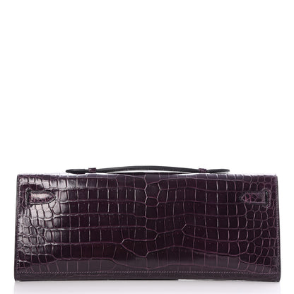 Hermes Shiny Porosus Crocodile Kelly Cut Pochette Aubergine 4 of 23