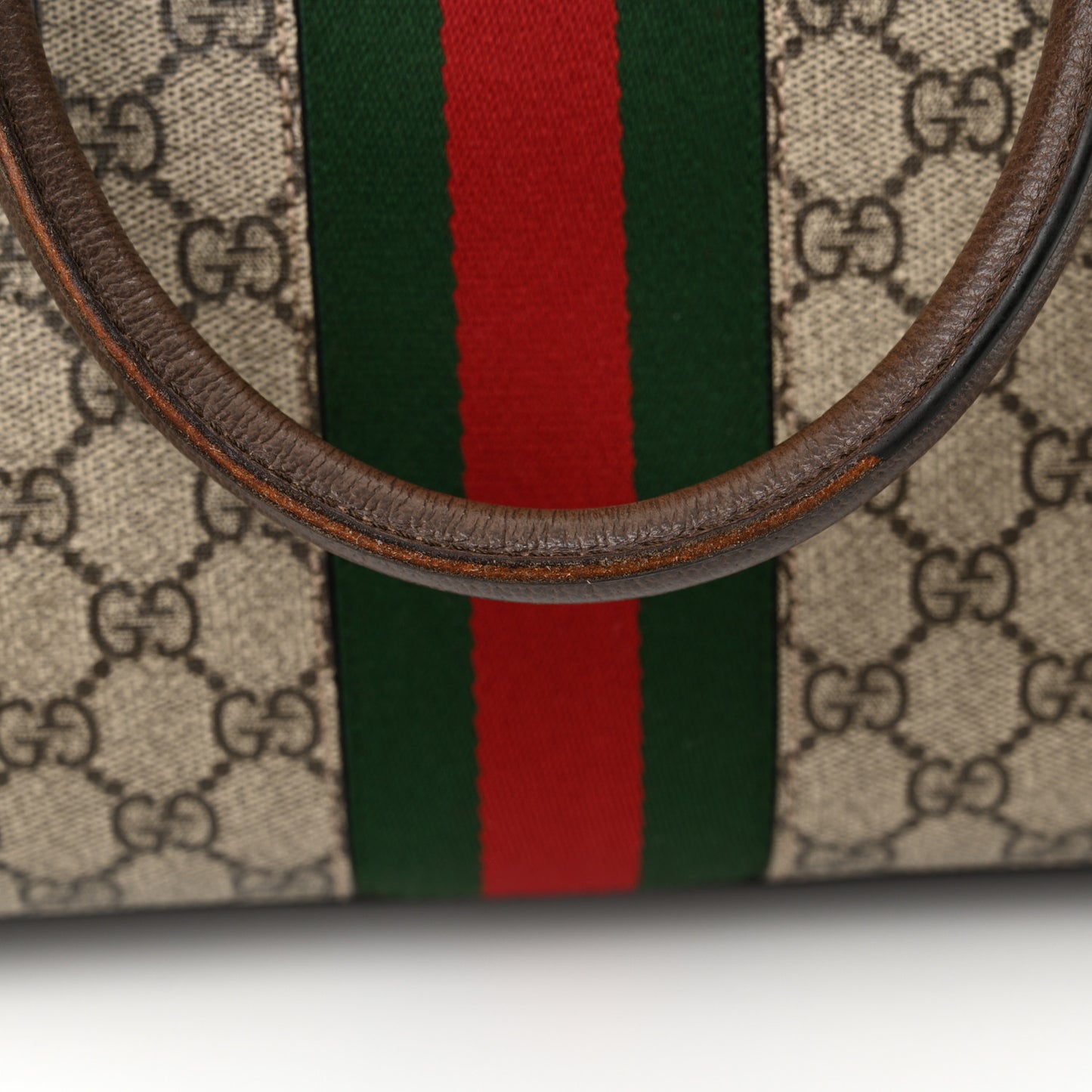 GG Supreme Monogram Textured Dollar Calfskin Web Medium Ophidia Top Handle Duffle Bag Beige Ebony New Acero