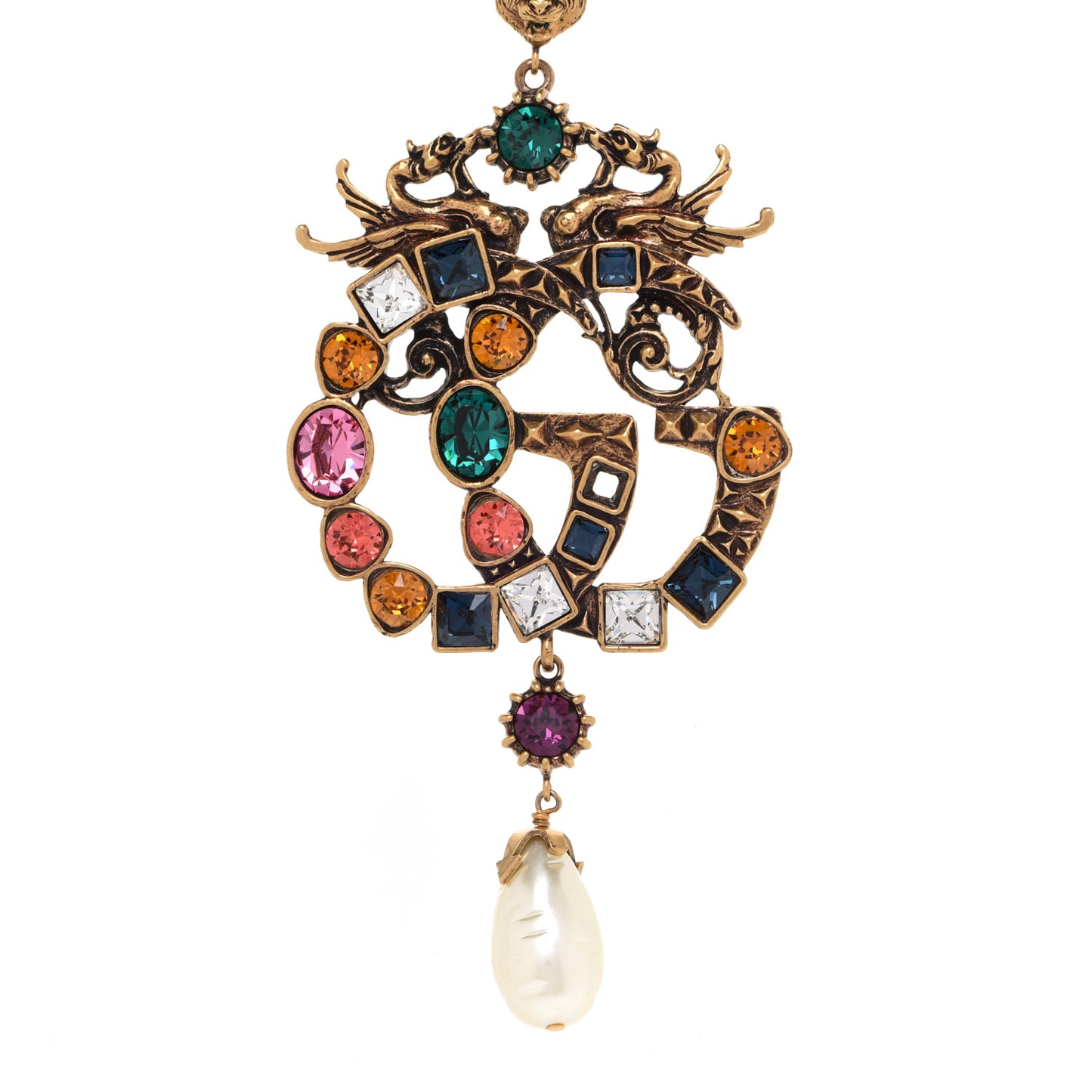 Crystal Pearl Marmont Dragon Necklace Aged Gold Multicolor