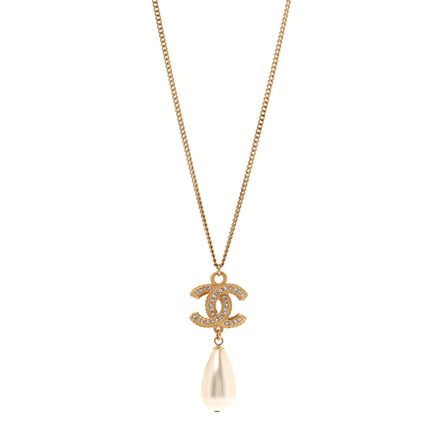 Crystal Pearl CC Drop Necklace Gold