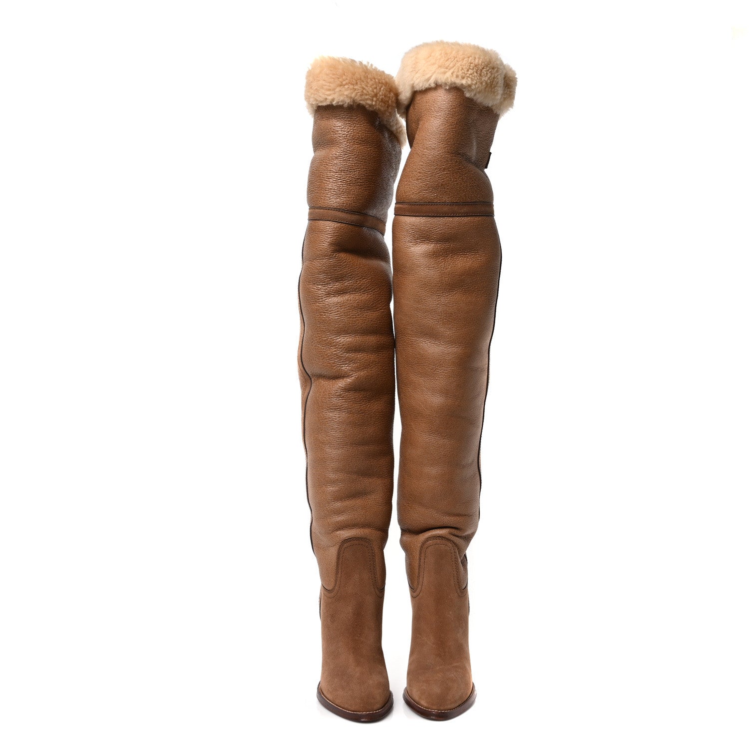 Saint Laurent Suede Calfskin Shearling Tomcat Over The Knee Boots 37 Cognac 2 of 7